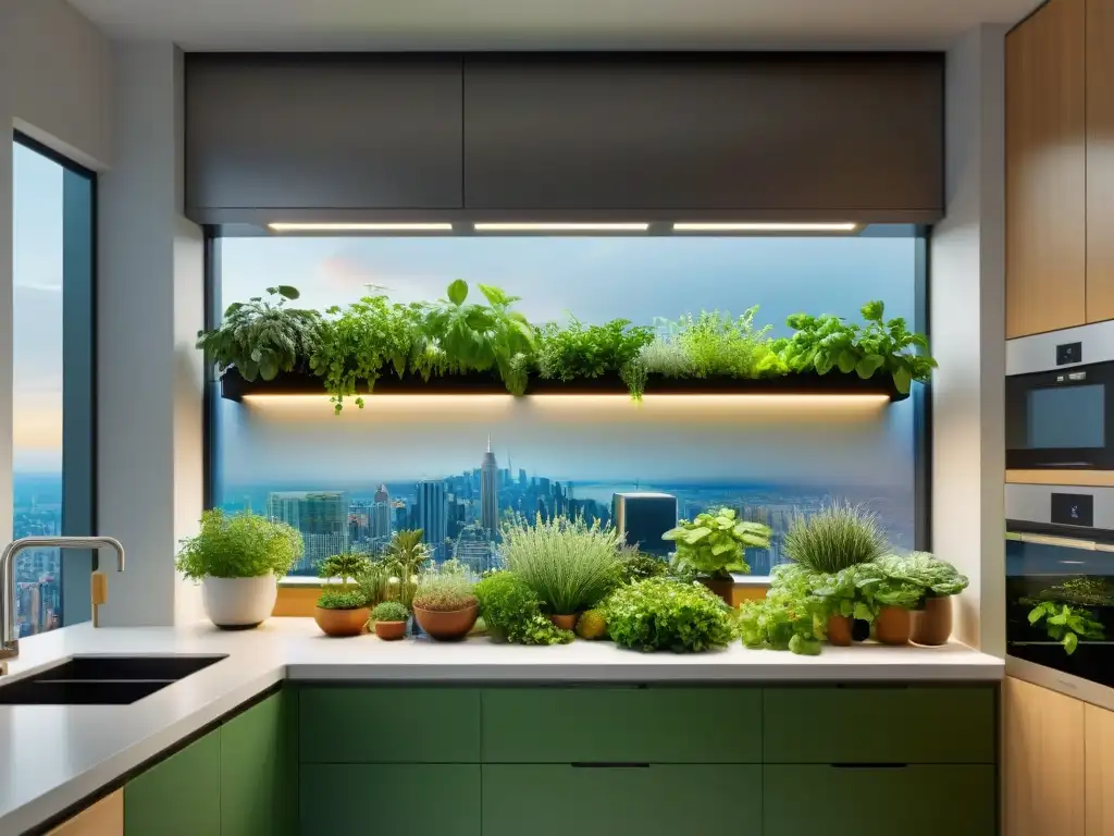 Un jardín vertical moderno y elegante en una cocina urbana, con tecnologías verdes