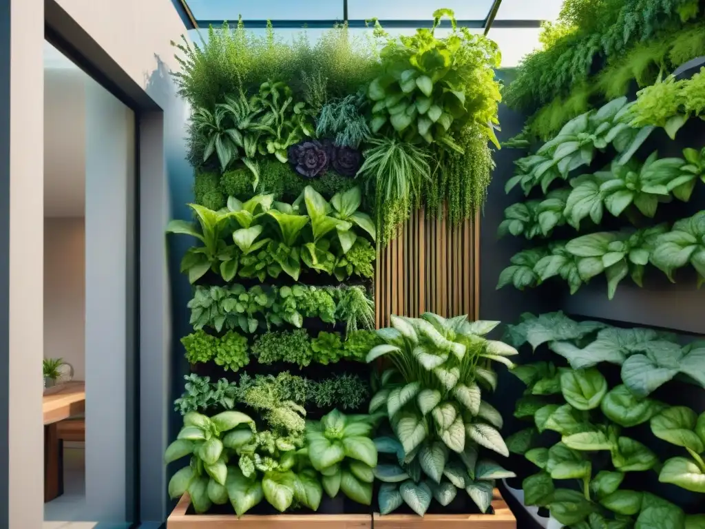 Un jardín vertical vibrante con hierbas y vegetales verdes exuberantes, creciendo en hileras ordenadas contra un paisaje urbano moderno