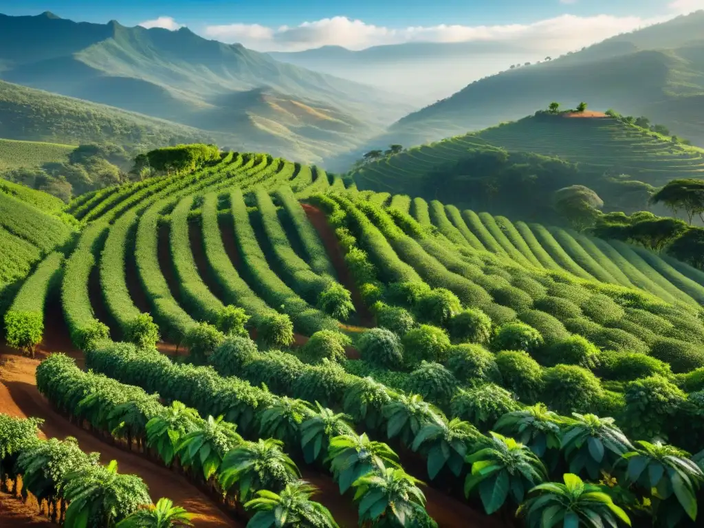 Un viaje del café en Etiopía: plantación exuberante con plantas de café verde brillante bajo la luz dorada