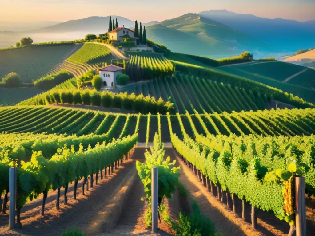 Paisaje de viñedos en Piamonte al atardecer Viaje gastronómico por los viñedos de Piamonte al atardecer, con filas de viñas verdes y trabajadores cosechando uvas