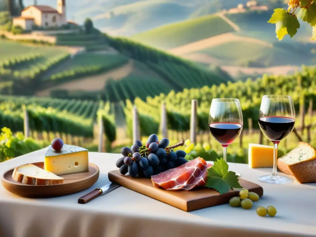 Exquisita degustación de vinos en terraza de viñedo en Piamonte Viaje gastronómico viñedos Piamonte: Mesa rústica con vinos, quesos, pan, uvas y prosciutto en terraza de viñedo italiano al sol