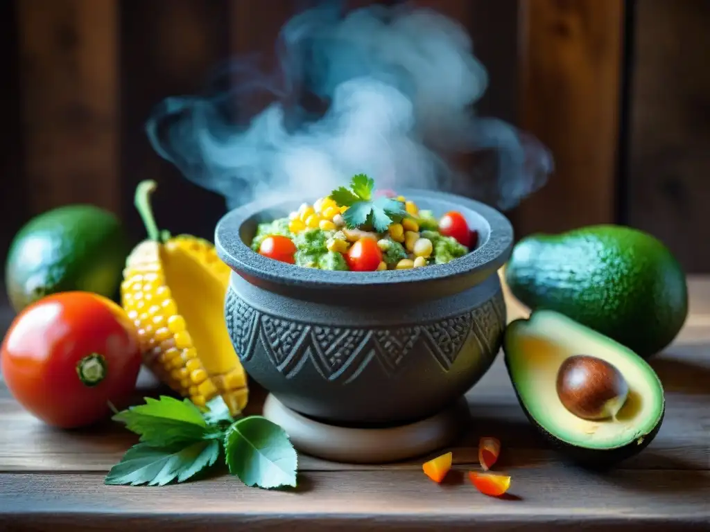 Viaje gourmet sabores mexicanos: Un molcajete tradicional rebosante de ingredientes frescos y coloridos en una mesa rústica