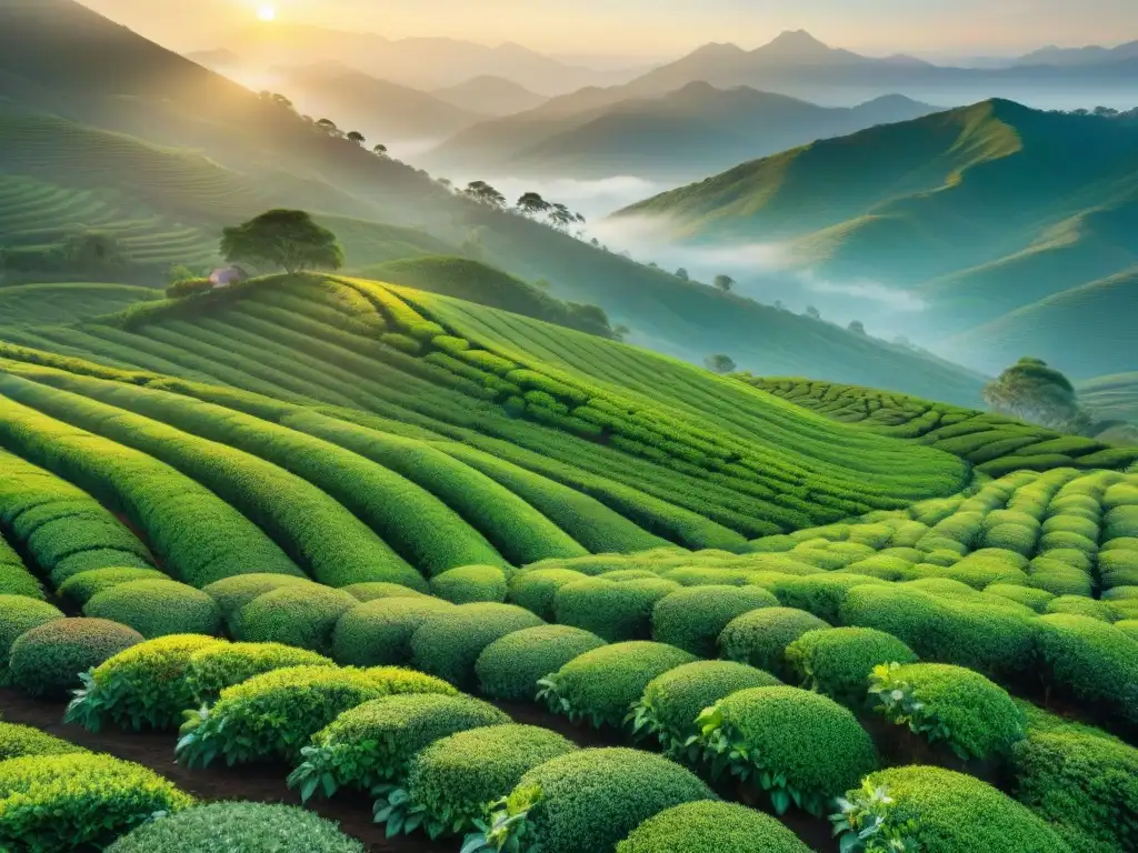 Viaje a productores de té: Amanecer mágico en plantación de té con cosechadores y montañas nebulosas al fondo