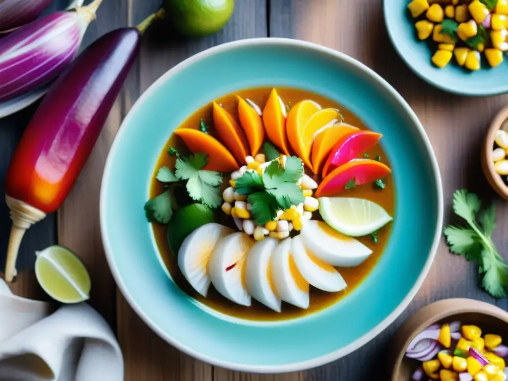 Un viaje sensorial a la gastronomía peruana: ceviche de pescado blanco con toques tradicionales, en mercado de Lima