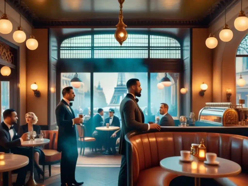 Un vibrante café de París en los años 1920, con artistas, música, arquitectura Art Deco y ambiente de época