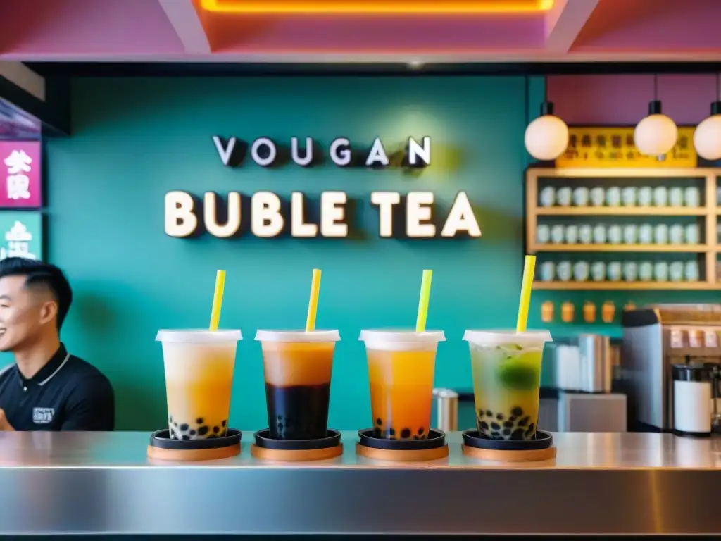 Un vibrante café de bubble tea en Taiwán, con clientes de diversas culturas disfrutando de bebidas coloridas