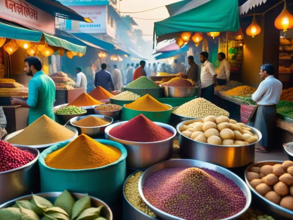 Una vibrante calle de mercado en la India con los mejores Samosa Chaat, llena de colores, sabores y tradición india