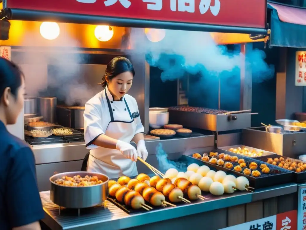 Vibrante calle nocturna de Tokio con delicias gourmet y neones brillantes