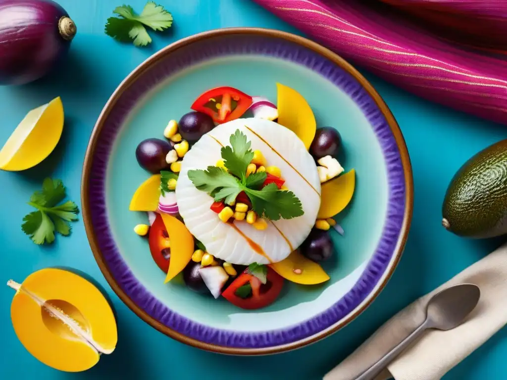 Un vibrante ceviche peruano en un colorido mercado, fusionando sabores y colores