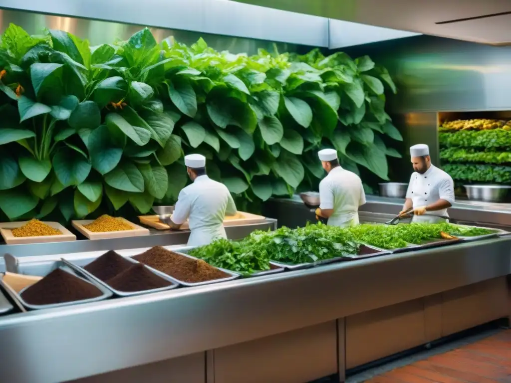 Vibrante cocina eco con chefs compostando, reflejando la tendencia de gastronomía verde