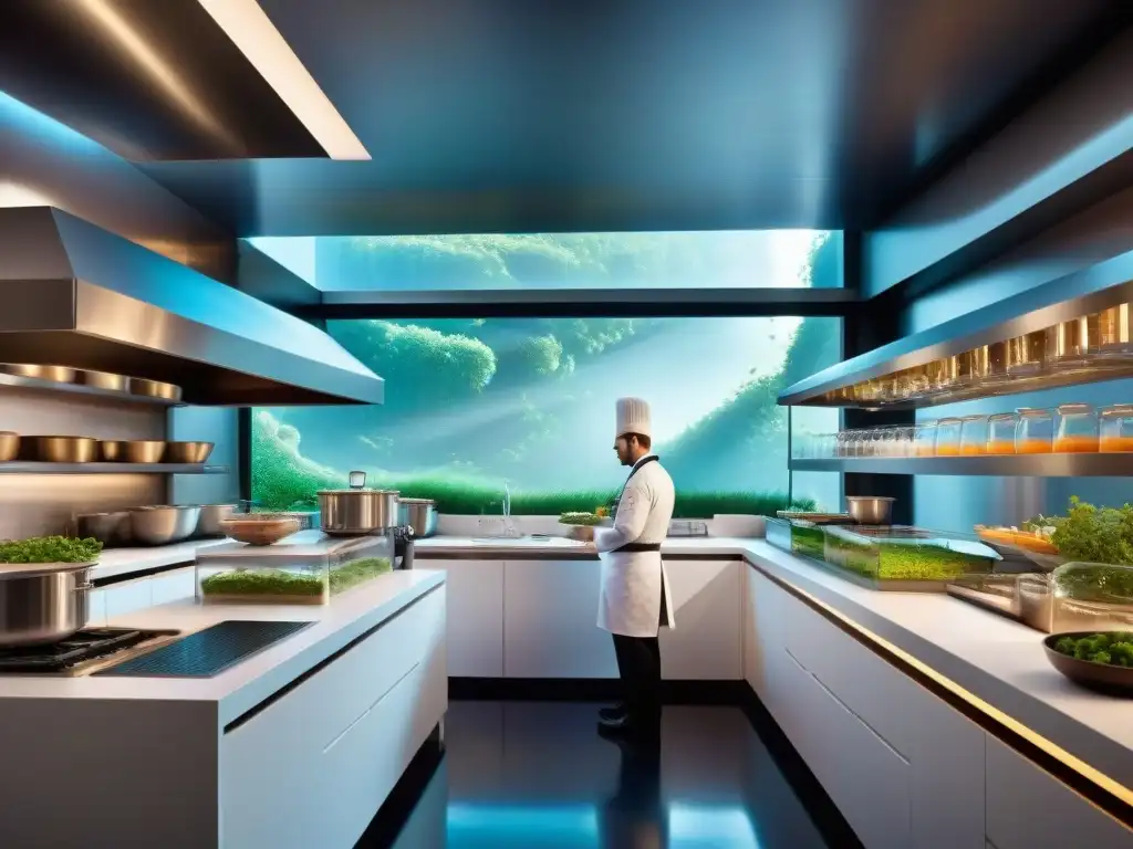 Vibrante cocina de gastronomía molecular sostenible con chefs y equipos futuristas, fusionando ciencia y arte culinario