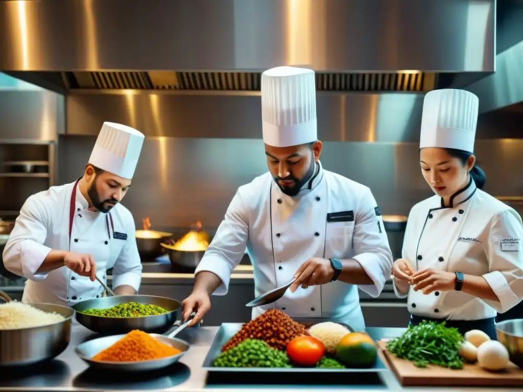 Un vibrante cuadro de chefs de diversas culturas, creando platos únicos en una cocina bulliciosa