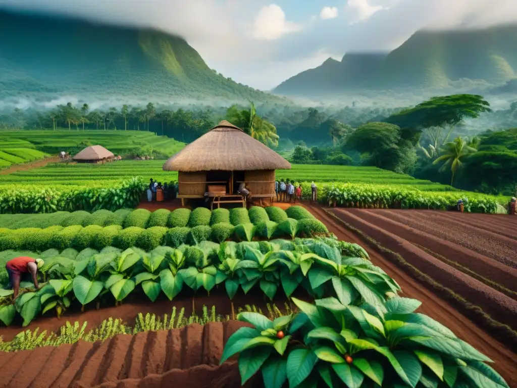 Un vibrante día en una plantación de cacao en África con gran detalle, reflejando tradición y comunidad en la producción de chocolates artesanales