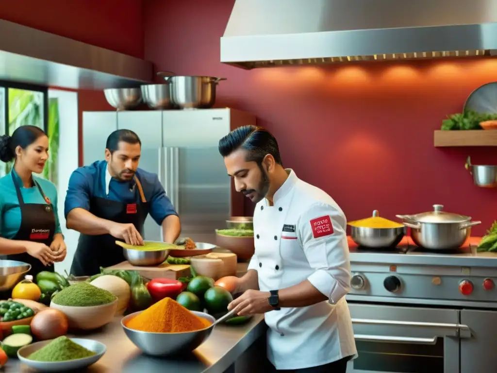 Un vibrante encuentro de chefs apasionados en una cocina mexicana moderna, creando experiencias gourmet en México