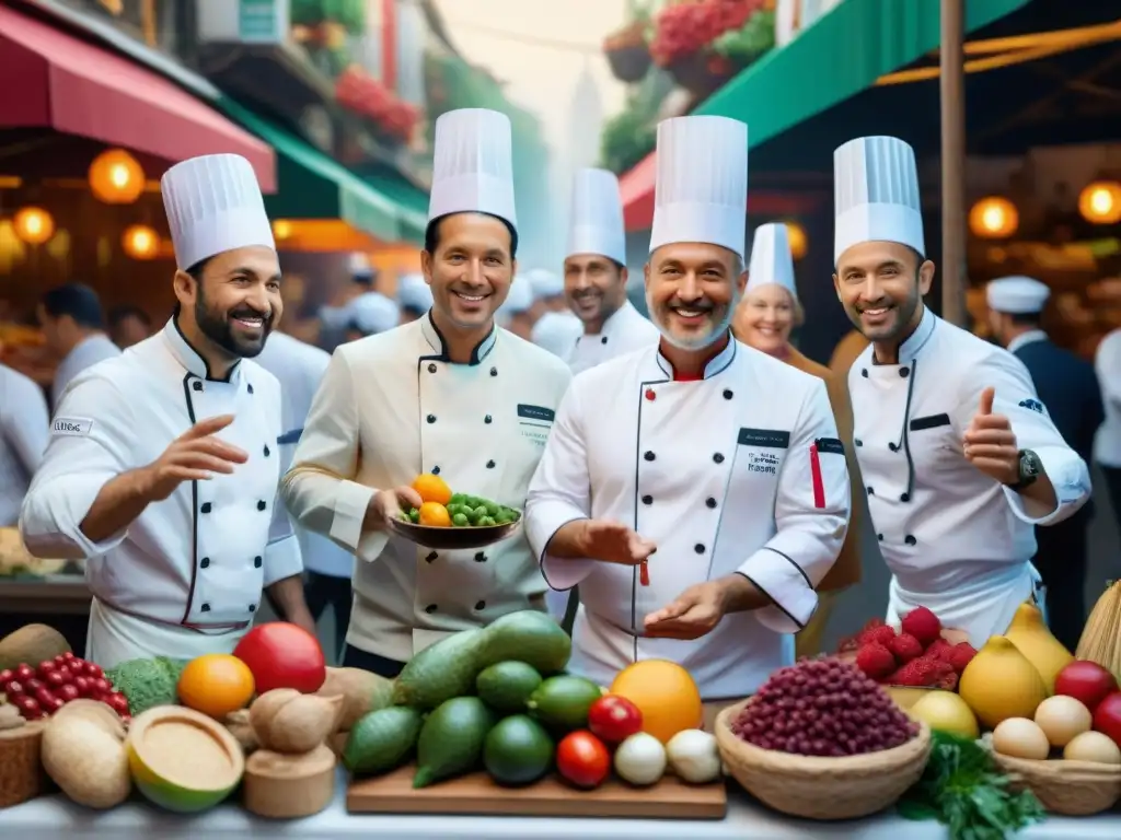 Un vibrante encuentro de chefs en un mercado lleno de colores y sabores, reflejando la emoción de tours gastronómicos guiados