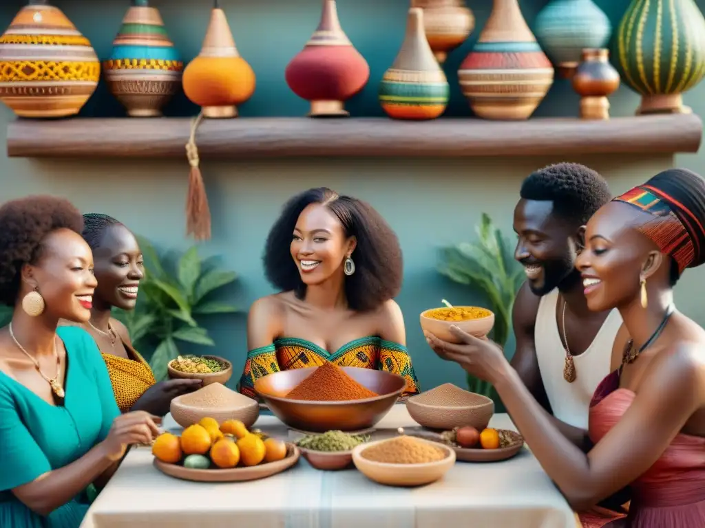 Una vibrante escena de celebración africana con gastronomía tradicional, gente y música bajo el cielo estrellado