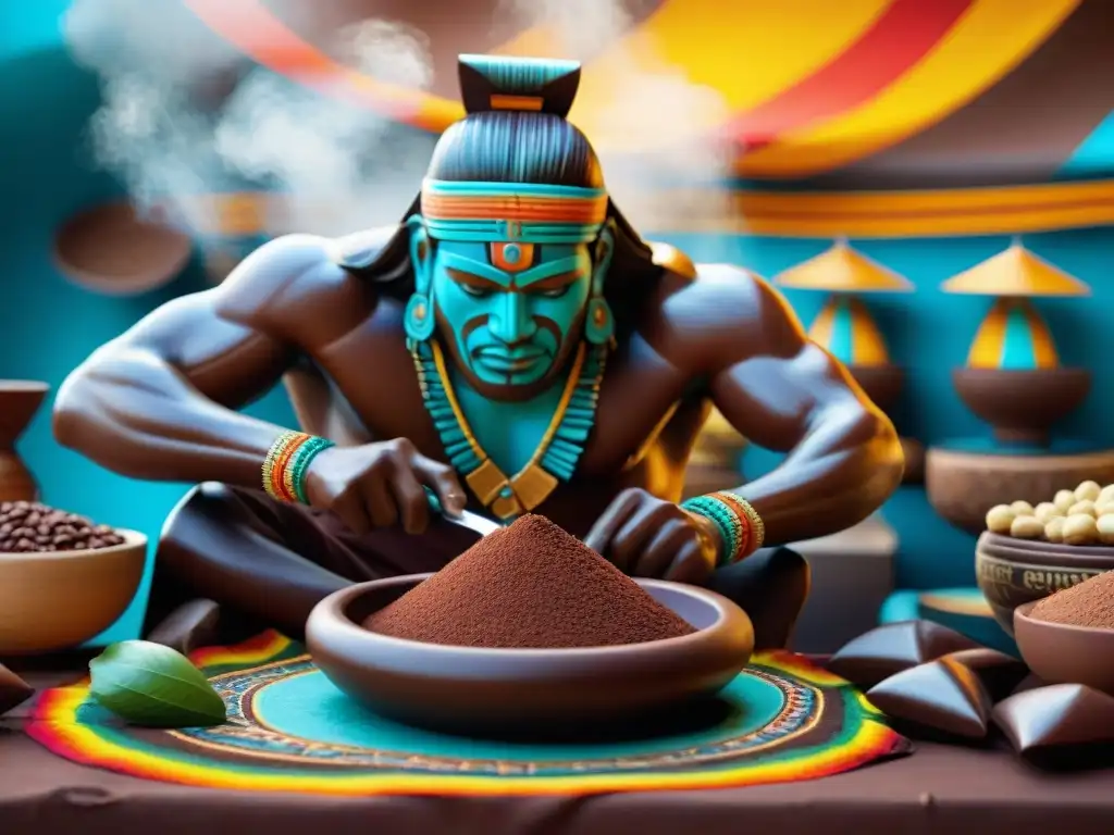 Vibrante escena de antiguos guerreros aztecas preparando una bebida de chocolate en un mercado, historia del chocolate en gastronomía