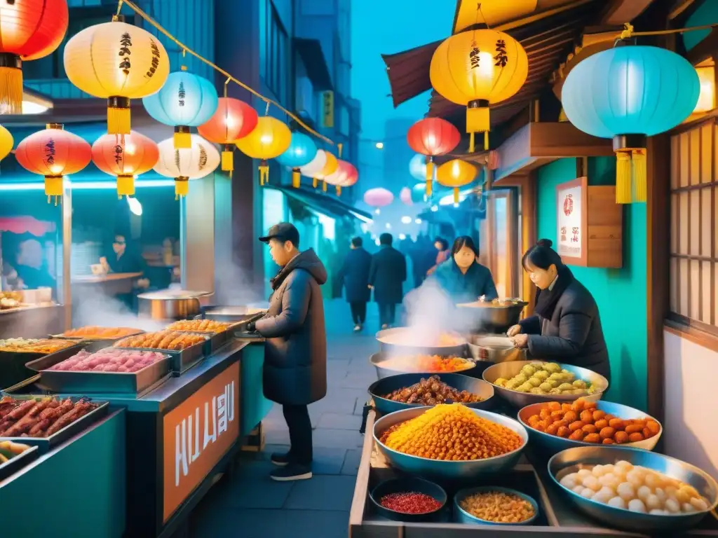 Una vibrante escena de calle en Seúl, Corea del Sur, con una variedad de puestos de comidas callejeras gourmet bajo coloridas linternas tradicionales