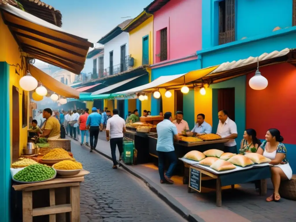 Una vibrante escena callejera en una bulliciosa ciudad latinoamericana, con comida callejera y ambiente multicultural