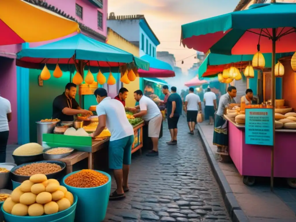 Vibrante escena callejera de América Latina con recetas comida callejera América Latina