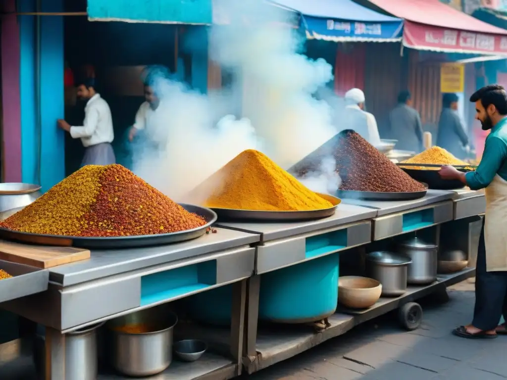 Vibrante escena callejera en Pakistán con vendedores preparando pakoras dorados en grandes ollas burbujeantes