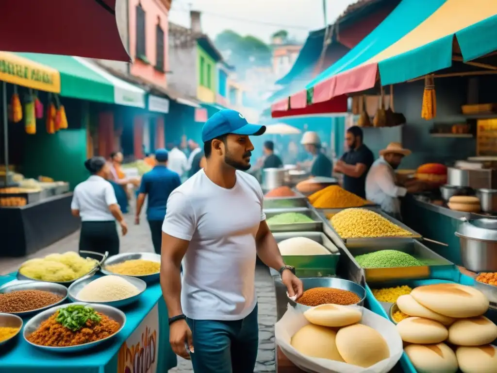 Una vibrante escena de una cocina gourmet de comida callejera latina, con chefs preparando arepas, tacos y ceviche