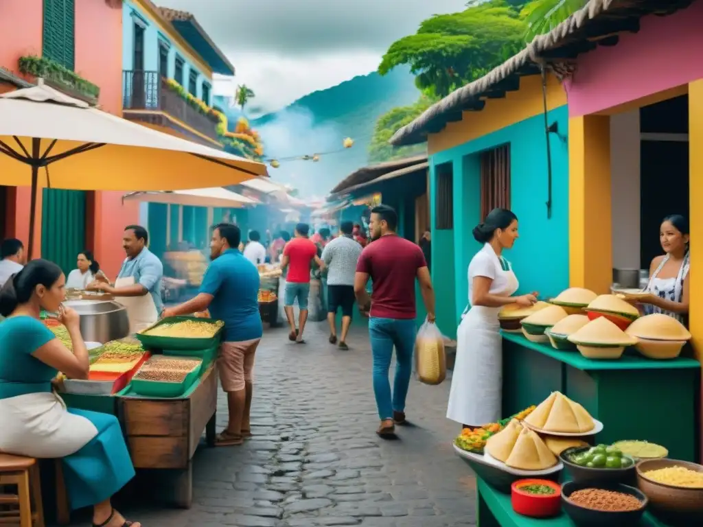 Vibrante escena de comida callejera sostenible en América Latina: sabores, tradición y comunidad en un bullicioso mercado callejero