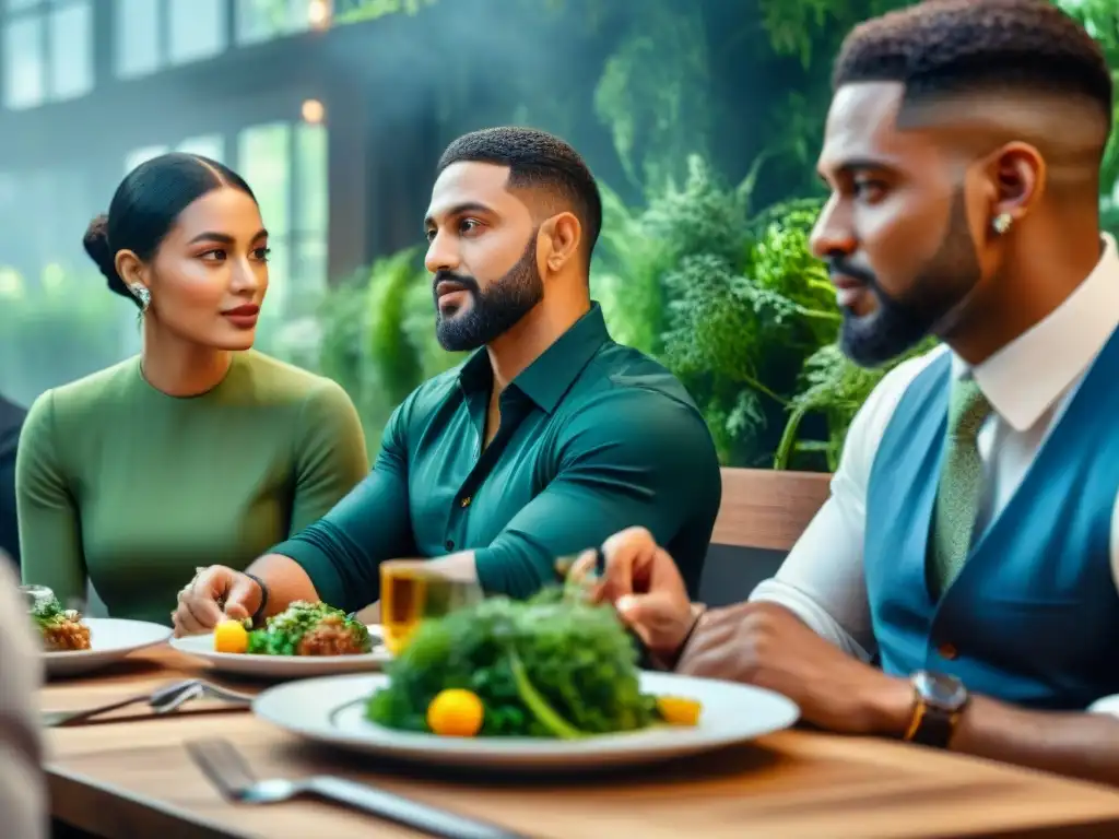 Una vibrante escena de críticos gastronomía Twitter influentes debatiendo apasionadamente en un restaurante de moda