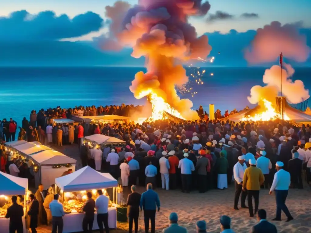 Disfruta de la vibrante escena de un festival de mariscos gourmet en un pintoresco pueblo costero al atardecer