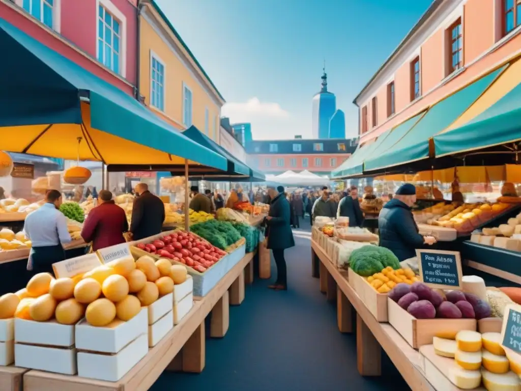 Vibrante escena en mercado al aire libre, clientes usan apps de compras gourmet