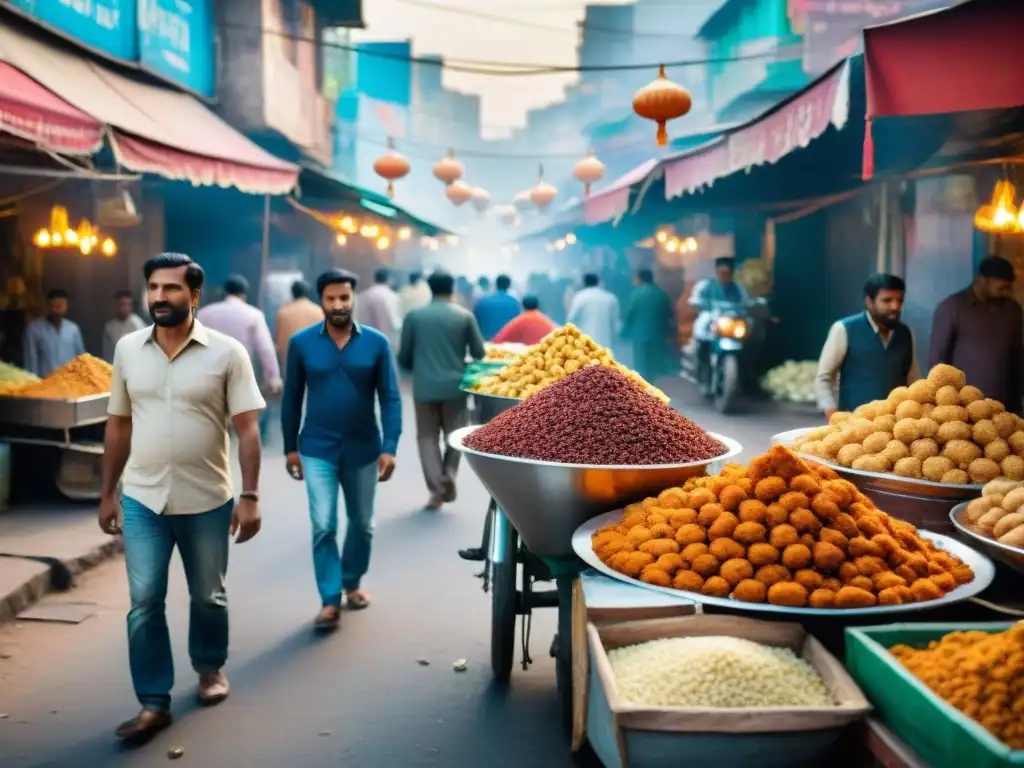 Vibrante escena en un mercado callejero de Pakistán, con puestos de pakoras