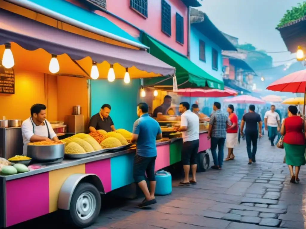 Vibrante escena de un mercado callejero latino con comida gourmet, arepas, tacos, empanadas y ceviche