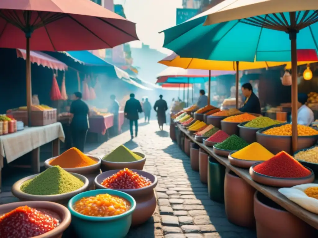 Una vibrante escena de mercado callejero en América Latina con las mejores salsas para comida callejera