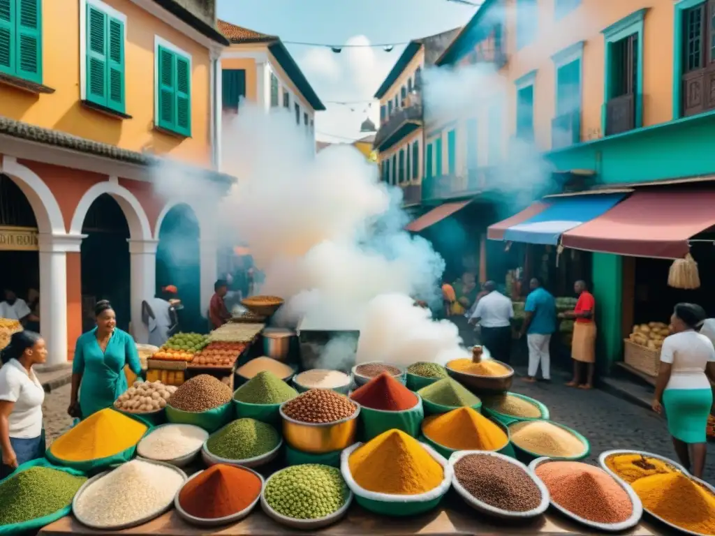 Una vibrante escena del mercado callejero en Salvador, Brasil, con influencia africana en la gastronomía brasileña