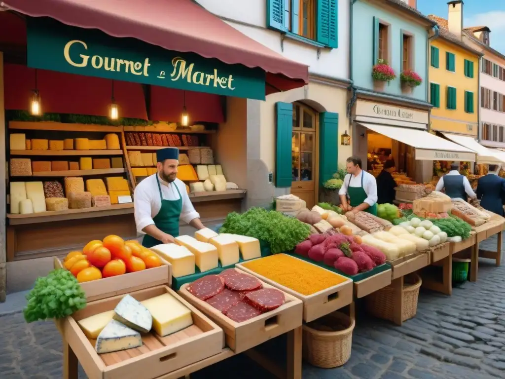 Vibrante escena de mercado gourmet en encantadora plaza europea