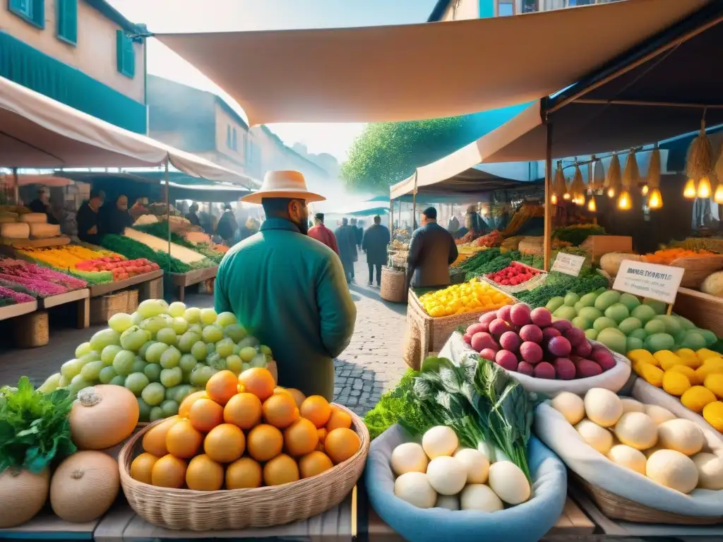 Vibrante escena de mercado local: coloridas frutas, quesos artesanales, pan recién horneado y flores