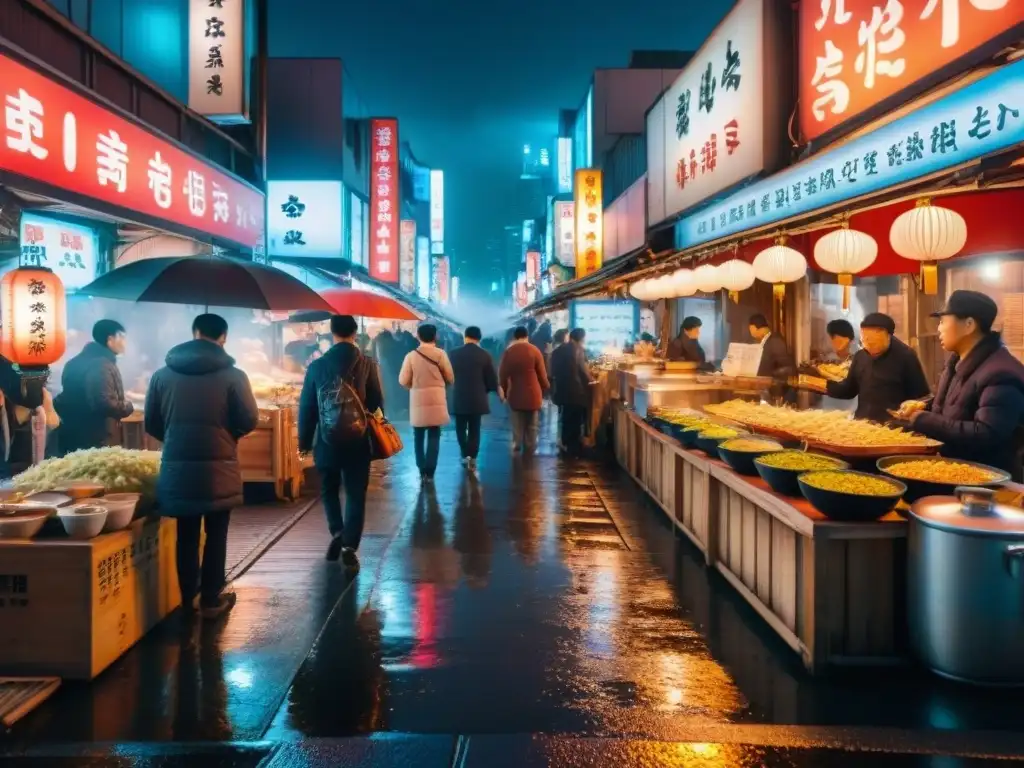 Vibrante escena nocturna de una bulliciosa calle de Tokio, con puestos de ramen callejero gourmet y luces de neón reflejándose en el pavimento mojado