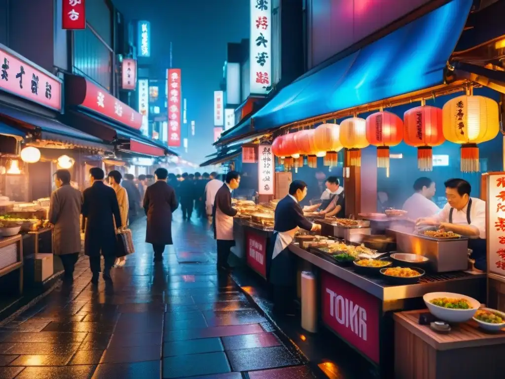 'Vibrante escena nocturna en Tokio con delicias gourmet: puestos de yakitori y ramen iluminados por neones