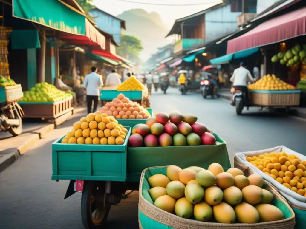 Vibrante escena de puestos de Mango Sticky Rice en un bullicioso mercado tailandés, lleno de colores y texturas exquisitas bajo la cálida luz dorada