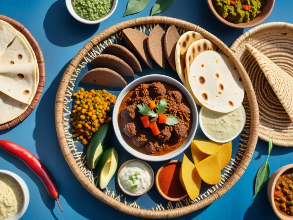 Una vibrante escena de un festín tradicional etíope junto al río Nilo Azul, destacando la gastronomía de las regiones fluviales de África