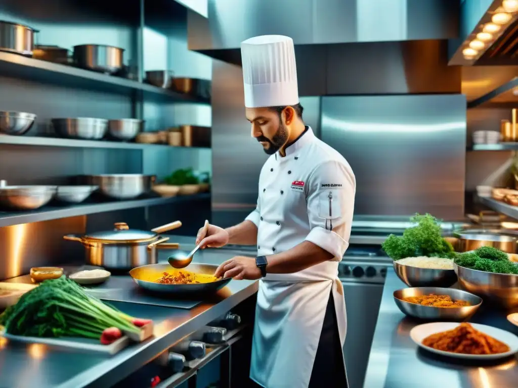 Un vibrante escenario de cocina donde chefs renombrados de diversas culturas preparan sus platos