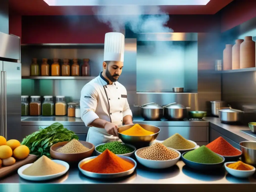 Escena culinaria global: chefs preparan platos con asafétida Un vibrante escenario de cocina internacional con chefs de diversas culturas preparando platos mientras se destacan ingredientes como asafétida