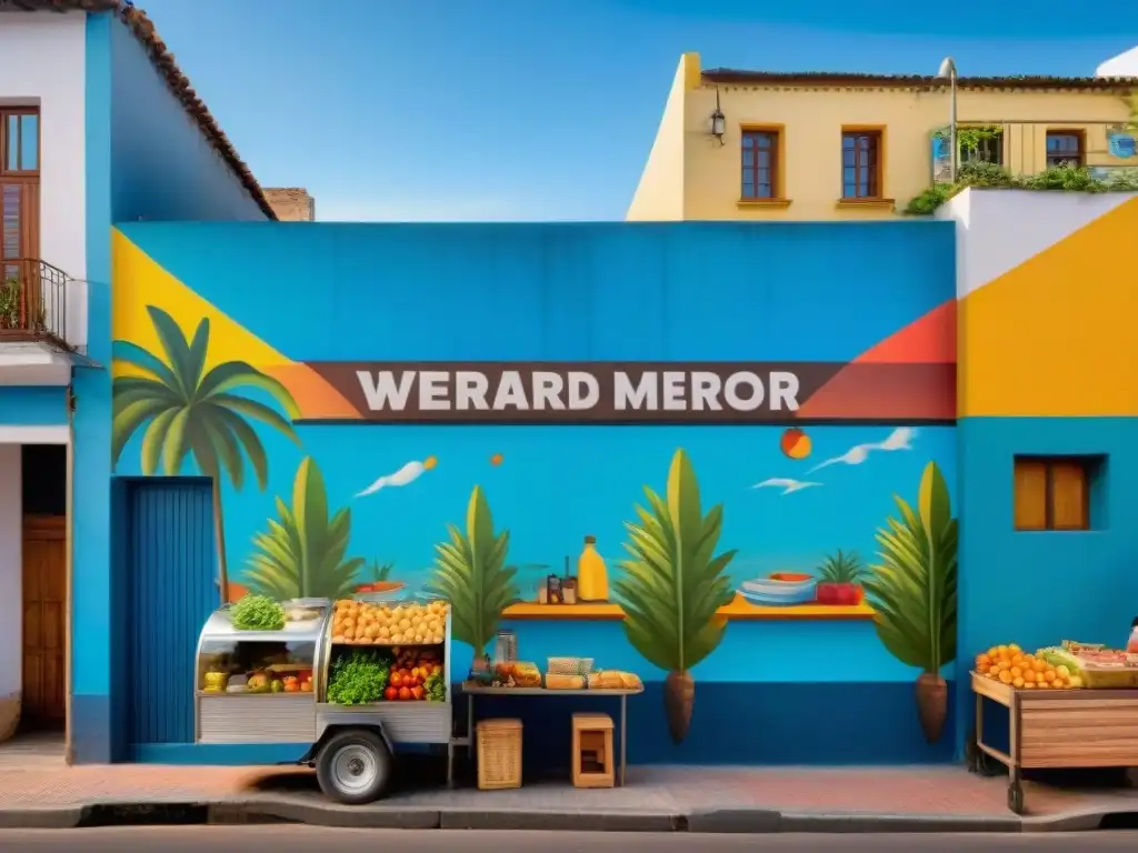 Un vibrante escenario de comida callejera sostenible en una colorida ciudad latinoamericana, rodeado de murales y vegetación, bajo un cielo azul claro