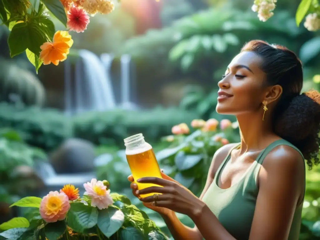 Un vibrante escenario de diversidad: personas disfrutan de Kombucha en un jardín botánico