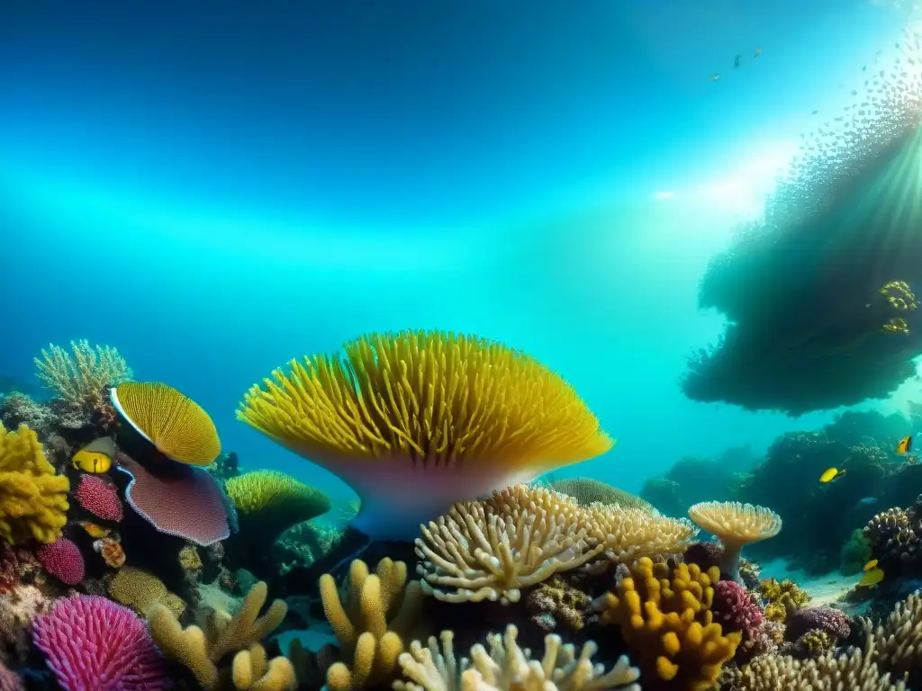 Un vibrante escenario submarino con coloridos arrecifes de coral y peces tropicales, resaltando la diversidad marina