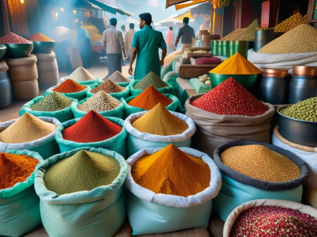 Descubre la vibrante esencia del mercado de especias de la India, con colores intensos y texturas ricas