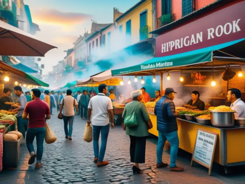 Una vibrante feria de comida callejera en una ciudad latina, uniendo comunidades en América