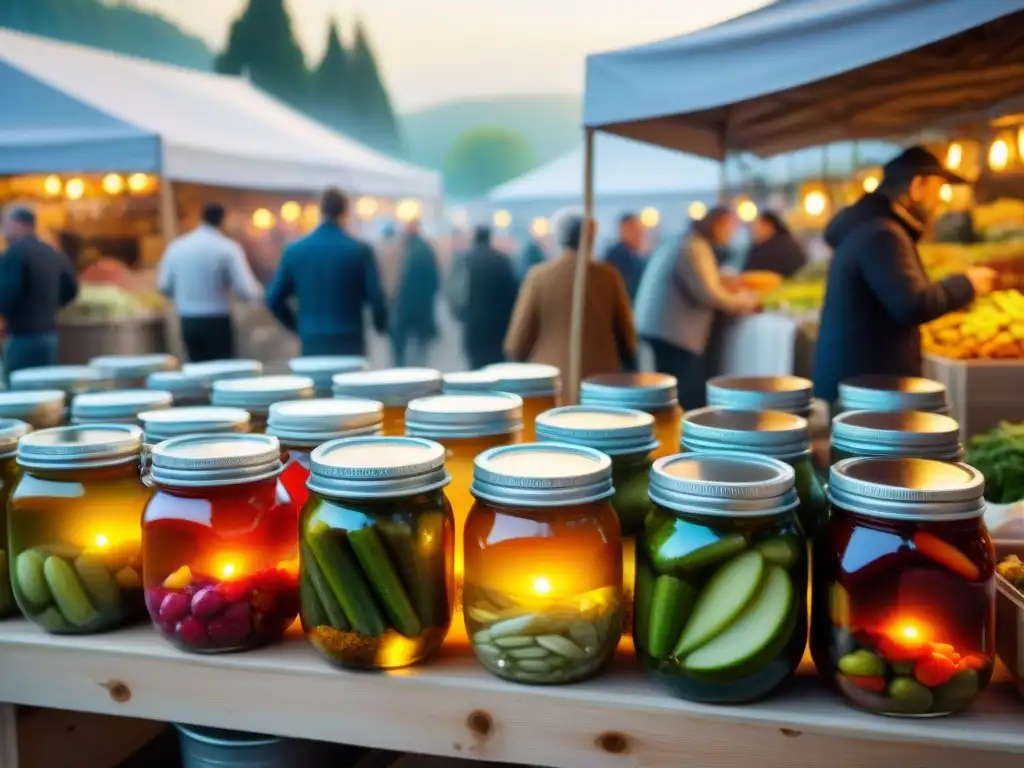 Vibrante feria de encurtidos gourmet famosas con coloridas variedades en tarros, clientes curiosos y vendedores entusiastas