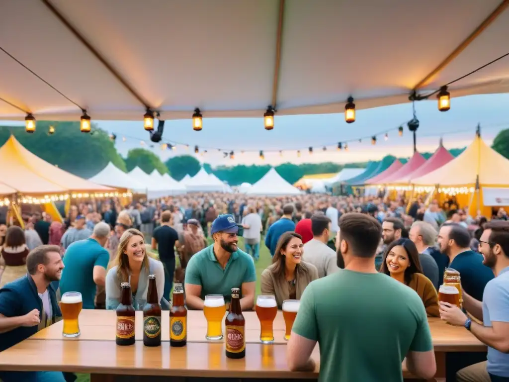 Un vibrante festival de cerveza con diversidad de personas disfrutando de cervezas artesanales de todo el mundo