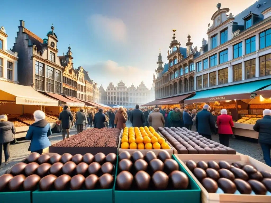 Un vibrante festival de chocolate en Bruselas, con puestos de comida gourmet y visitantes disfrutando de delicias chocolateras